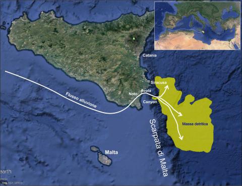 Mediterraneo Radiografia (linea sismica) che mostra il corpo caotico (in giallo) sepolto al di sotto del fondale marino 